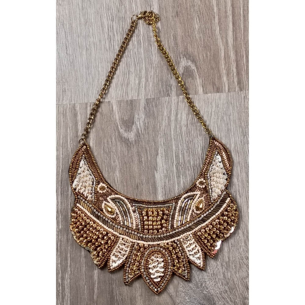 Vtg Handmade Boho Statement Bib Necklace Gold Beaded Rhinestone Tribal‎ Collar